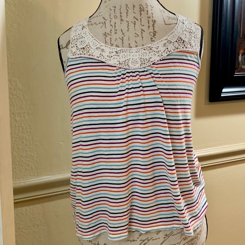 Striped racer back tank with lace detail